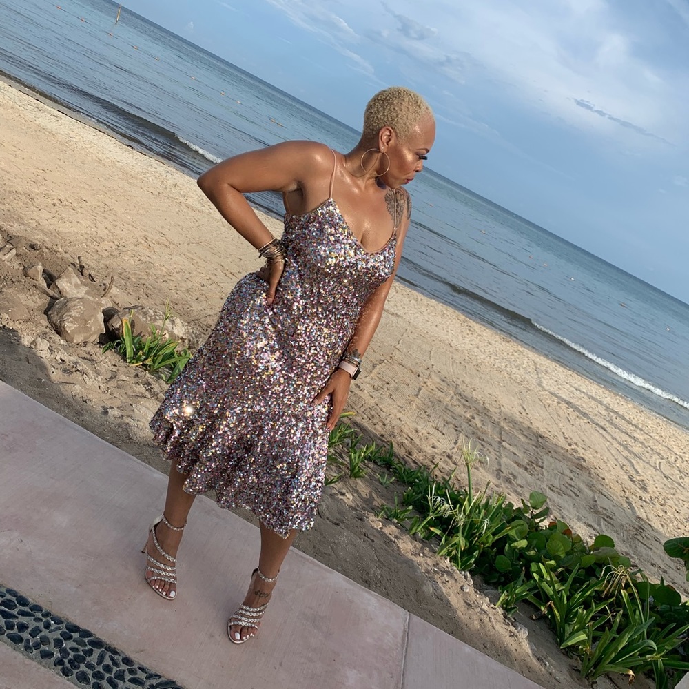 Spaghetti Strap Rose Gold and Gold Sequin Dress